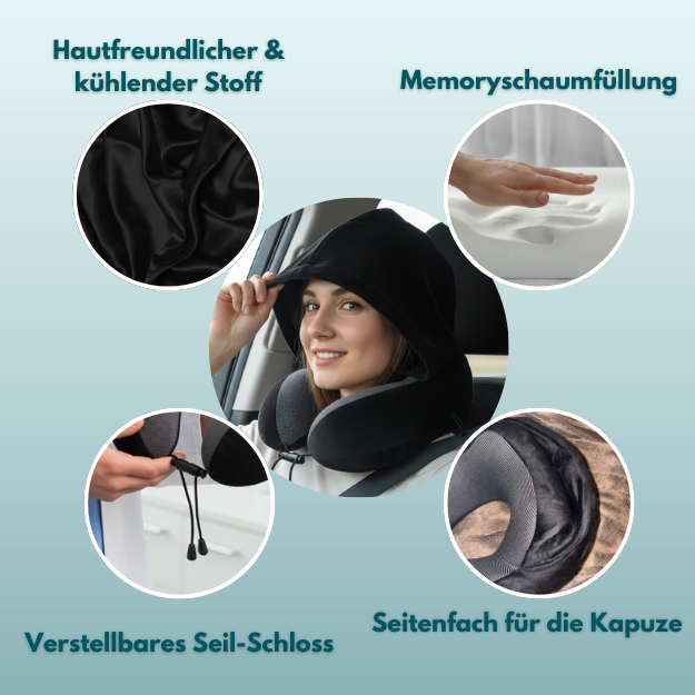 Schlummerstütze - Ergonomisches Nackenkissen mit integrierter Kapuze