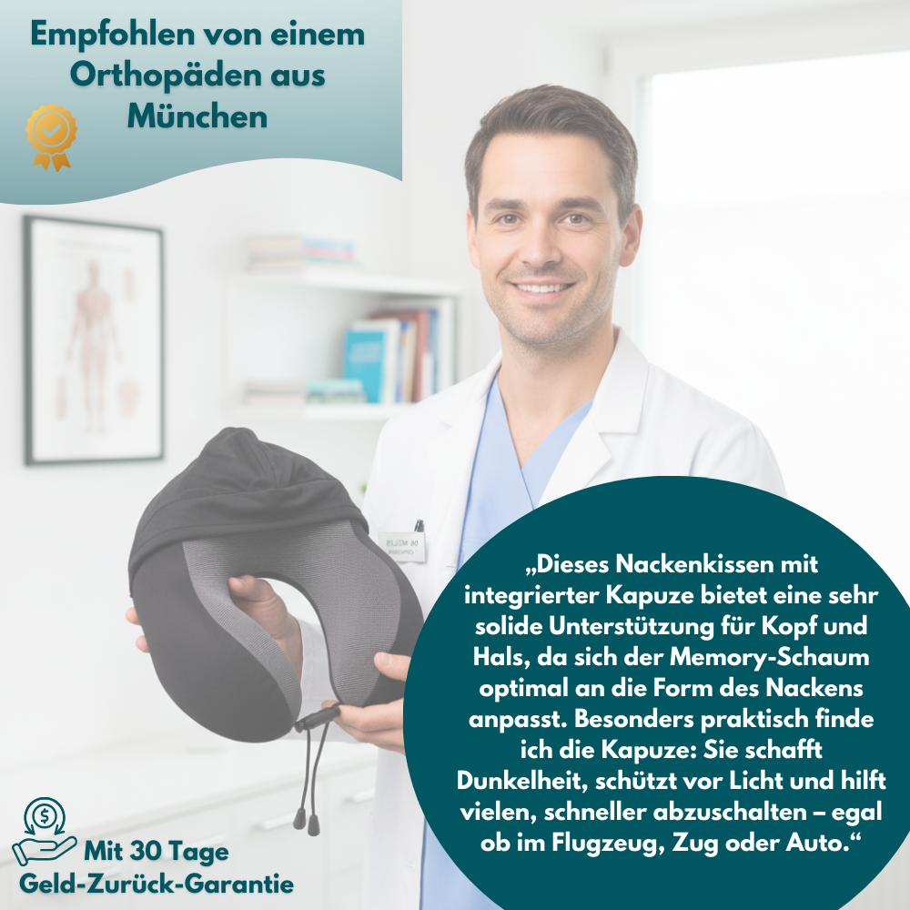 Schlummerstütze - Ergonomisches Nackenkissen mit integrierter Kapuze